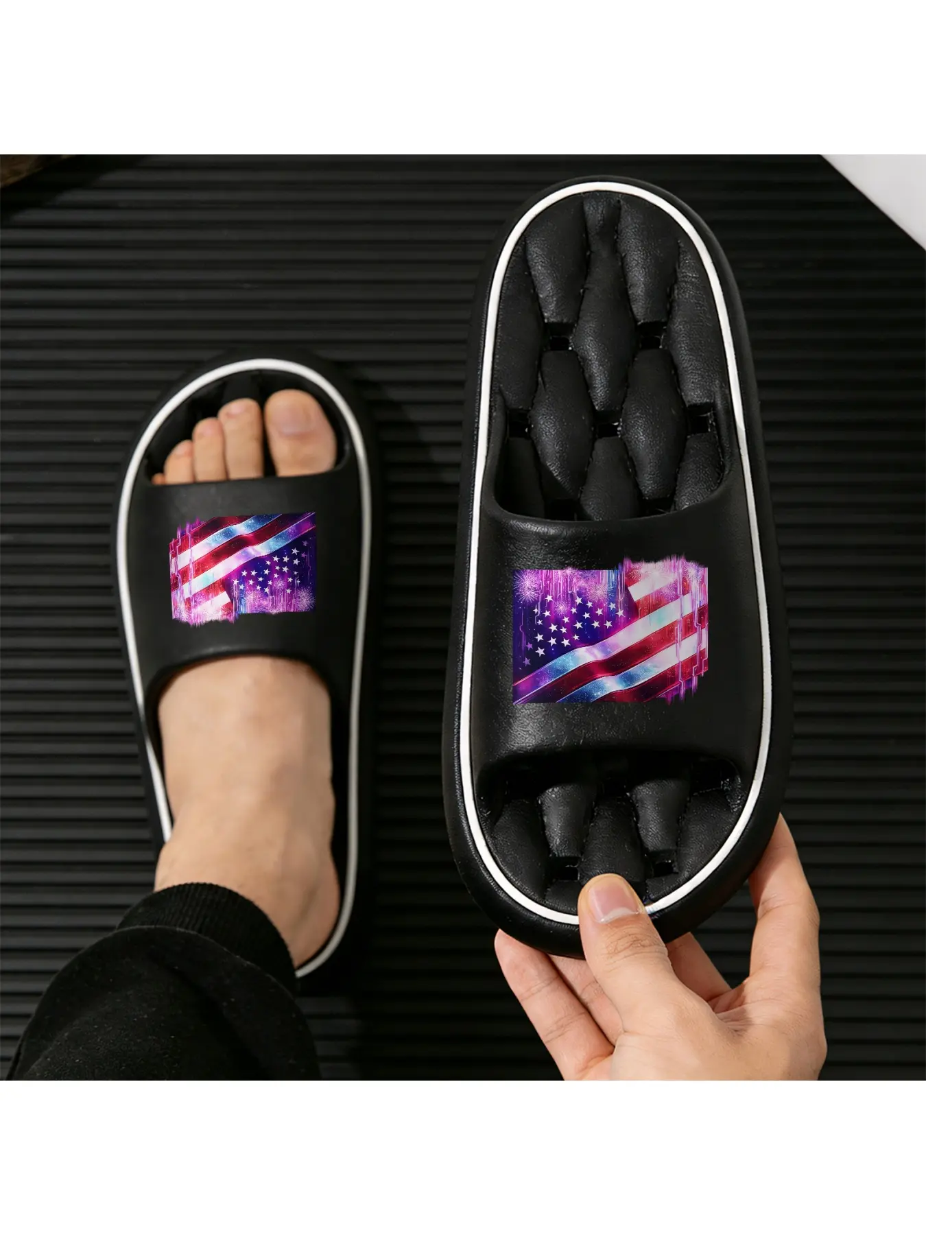 American Flag Themed Colorful Fireworks Slippers Unisex Trendy Flip Flops With Comfortable Soft Sole For Indoor And Outdoor Wear Independence Day Commemorative Style Fashion Casual Slippers Non Slip Ver