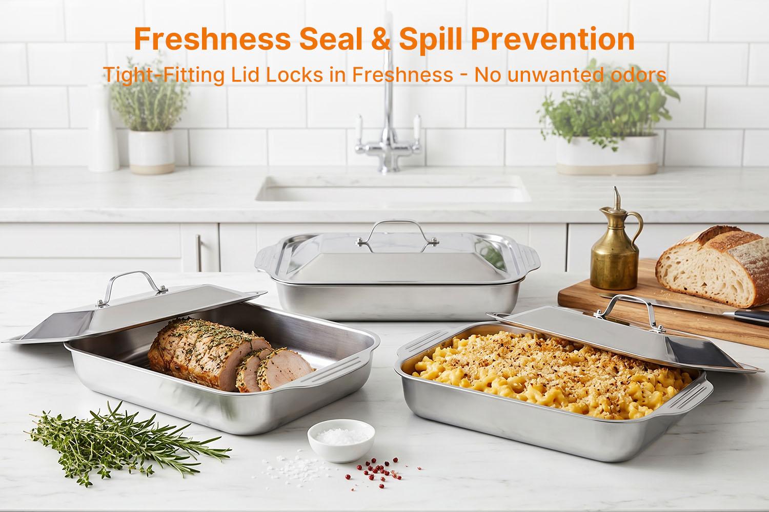 LOVEWE 3/2-Pack Stainless Steel Rectangular Baking Trays with Wooden shovel, Perfect for Use As Oven Trays, Serving Dishes, And Versatile Heating Trays for Grilling, Home Cooking, Festive Meals Heat Resistant Bakeware