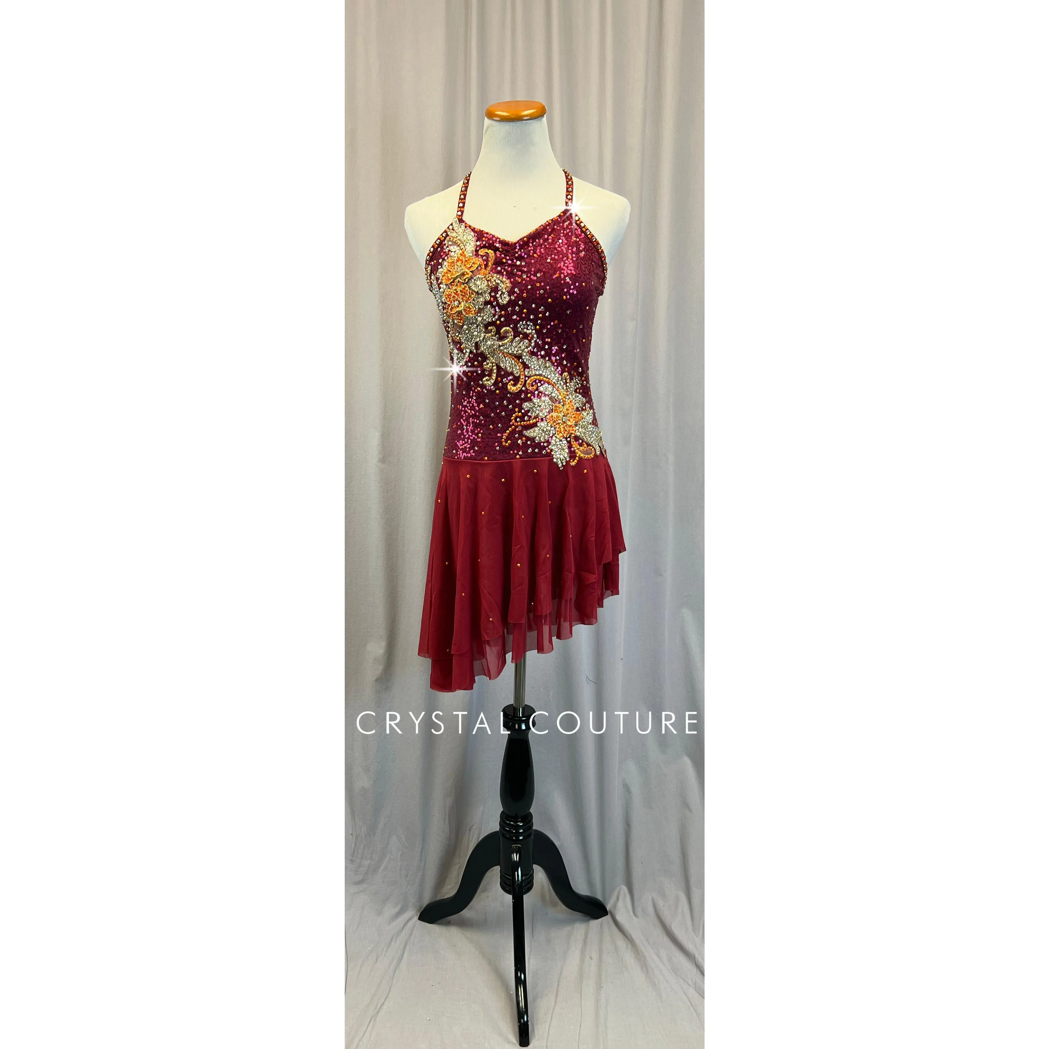 Red and Orange Sequin and Mesh Dress - Rhinestones