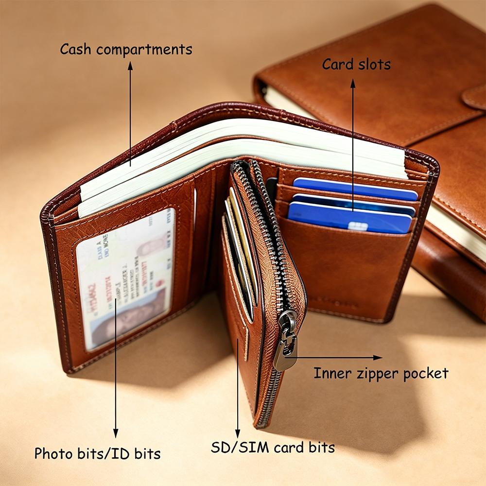 CIEPHIA Men's Genuine Leather RFID Blocking Bifold Wallet, Vintage Multi-Function Card Holder with 2 ID Windows and Zipper Coin Pouch
