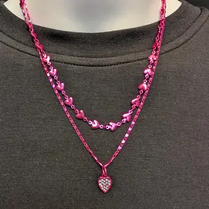 A0725012 Pink Double Strand Heart Necklace