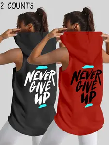 Women's Sleeveless Hooded Tank Top with Letter Print, Fashionable Casual Sportswear for Summer Outdoor Activities