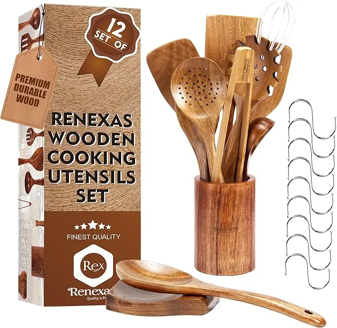Wooden Spoons for Cooking Utensils 6, 9, and 12 PCS, Natural Teak Wooden Cooking Spoons with Nonstick Spatula Set, Bamboo Kitchen Utensils With Holder, Wood Spoon Set for Kitchen Essentials