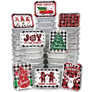 Siawoy 48Pcs Christmas Aluminum Food Containers with Lids 8 Christmas Buffalo Plaid Designs Christmas Treat Containers Christmas Cookie Tins with Lids Disposable Christmas Leftover Containers