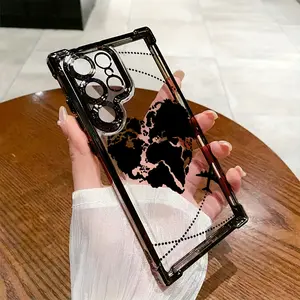 Phone Case Featuring a Black Airplane And Heart Design, Suitable for Samsung Galaxy S25, S24, S23, S22, S21 FE Ultra Plus 4G And 5G, with a Transparent Soft Back for Drop Protection.