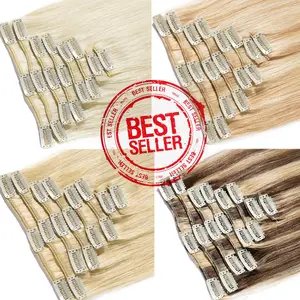 Clip on Real Hair Extensions Clip In Human Hair Soft Virgin Hair For Women Light Brown Highlighted Platinum Blonde Color Thick Full Head Hair Extensions 120g 8 Pieces 16-24 Inch