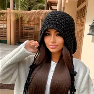 Thick Coldproof Ear Flap Hat Solid Color Warm Beanies Long Tassel For Women Female Autumn & Winter