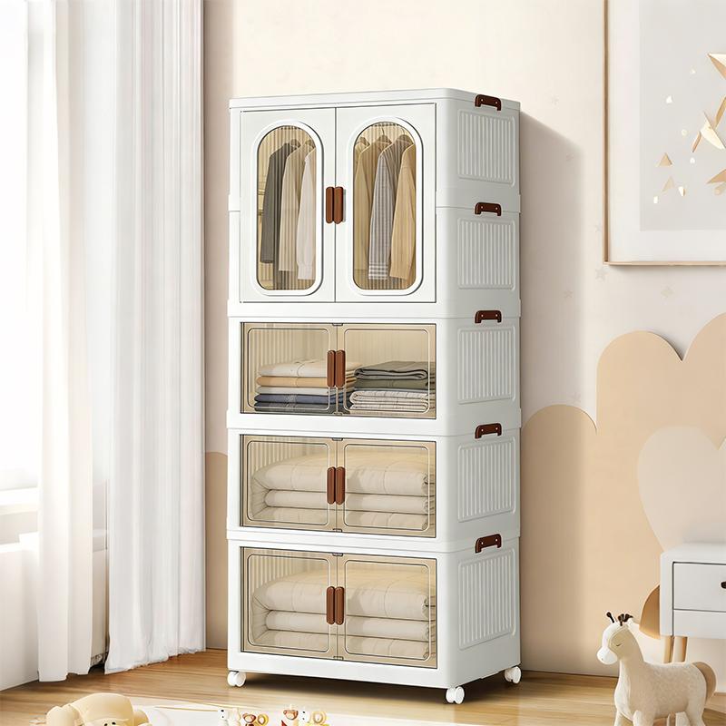 60cm-2/3/4 layers Rolling Storage Organizer,Oversized Foldable Plastic Storage Solutions Kit - Stackable Box with Lid, Trash Can, Cabinet with Door, Foldable Wardrobe Organizer - Suitable for Home, Office Kitchen Preserving & Utensil Storage (White)