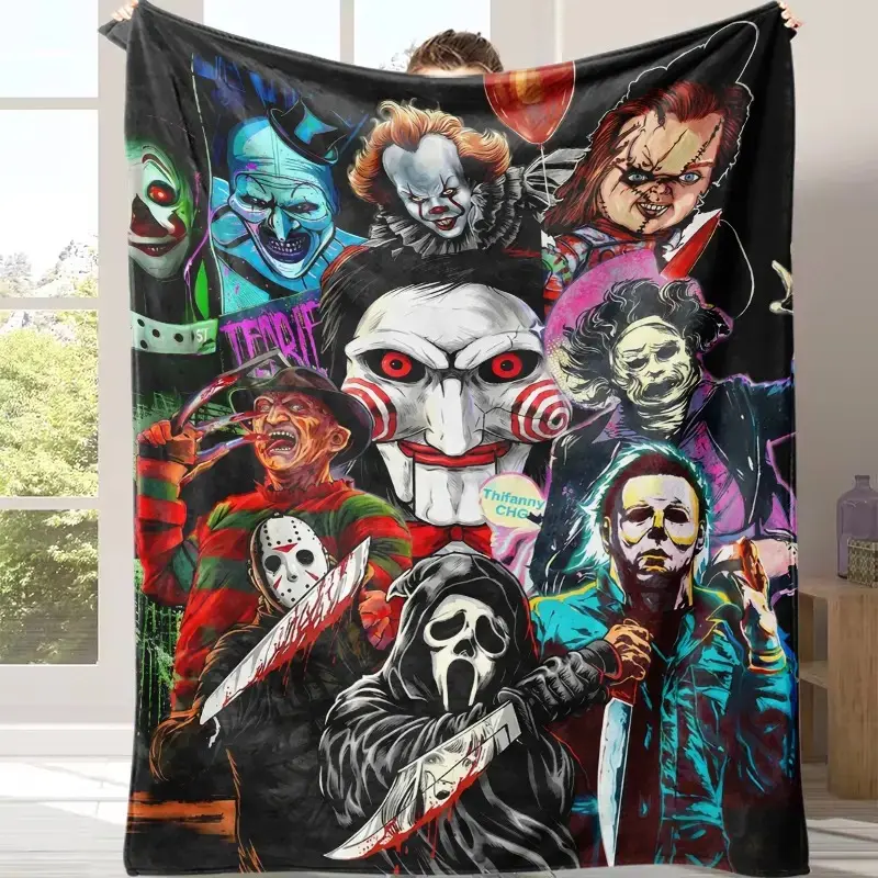 Horror Movie Villains Flannel Blanket Featuring Classic Horror Icons PrintLightweightCozyWarmPerfect DecorationMovie NightsHome DecorDorm RoomGift for Horror EnthusiastsComfortable SofaBed and Travel.A gift suitabl