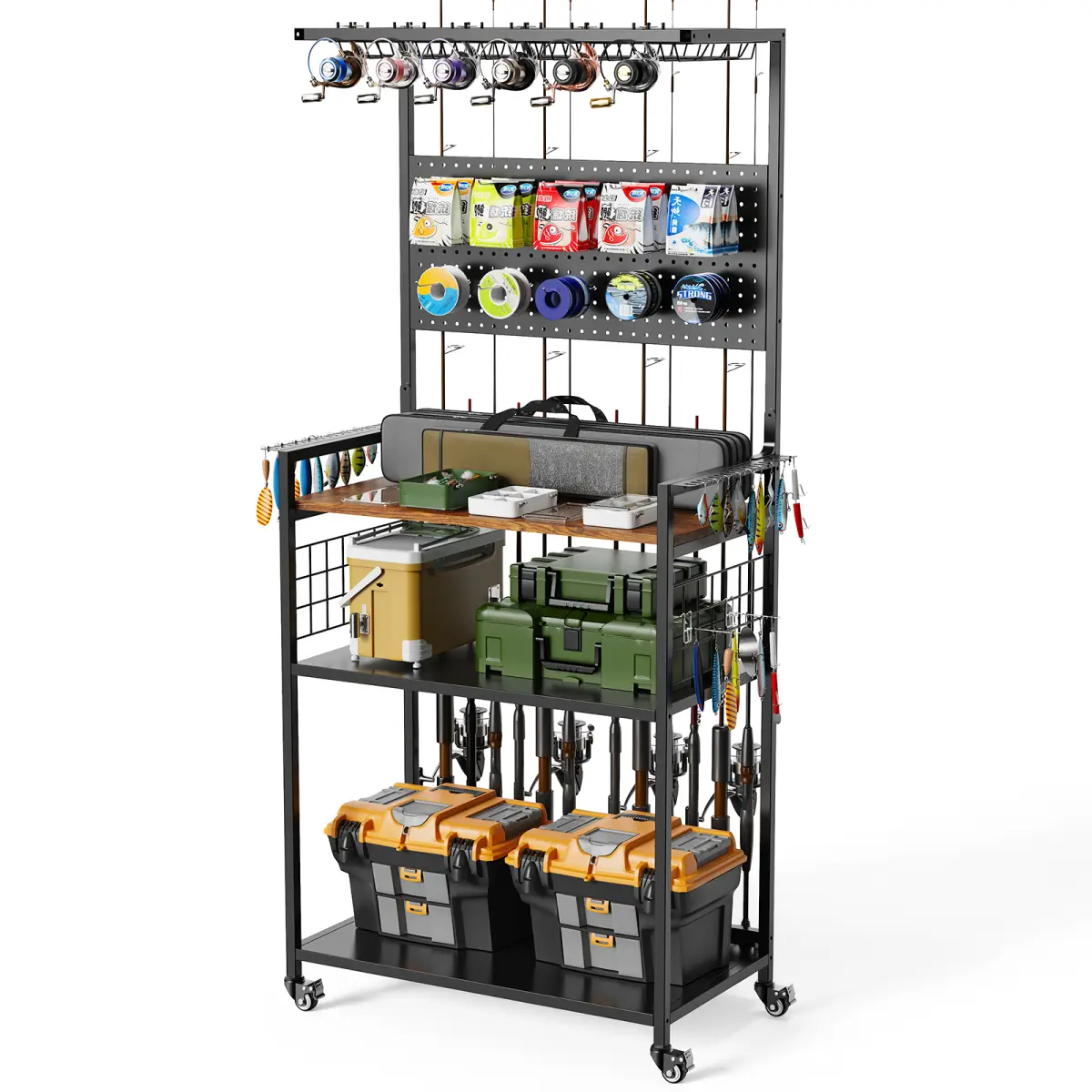 4-in-1 Heavy-Duty Rolling Tackle Organizer Rack - 29×15.75×65.60in MDF+Metal Gear Cart with Pole Bag, Lock Wheels, Casters, Pegboard, Reel Holder, 4-Layer Shelf for Fishing Accessories, Garage Organization, Heavy Duty Rod Racks, Multifunctional, Modular S