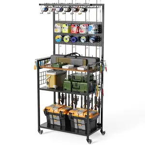 29×15.75×65.60" Fishing Rod Storage Rack with Locking Casters, 4-in-1 Rolling Tackle Organizer, Pegboard + Reel Holder + Shelves, MDF & Metal Fishing Gear Cart for Garage