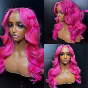 Hot Pink Body Wave Wig 13X4 Body Wave Wig HD Lace Front Wigs Red Glueless Pre Plucked Heat Resistant Fiber Hair 28 Inch Christmas Wig Synthetic Lace Front Wig Beginner Friendly for Women