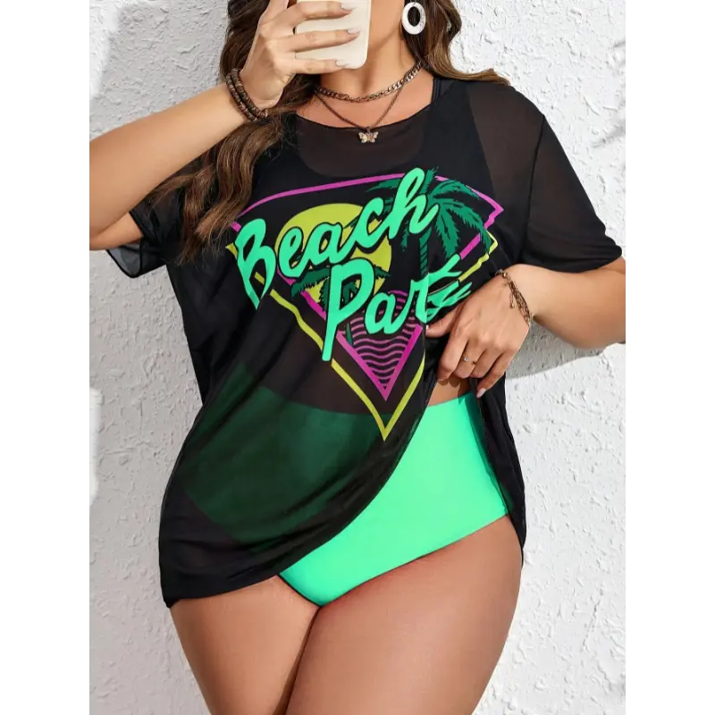 Women's Plus Size 3pcs Tropical Print Bikini Set - Stretchy Elastane Bathing Suit (1xl,2xl,3xl,4xl) with High-Waisted Shorts, "BEACH PARTY" Tee & Cover-Up Dress, Vibrant Palm Graphics for Vacation