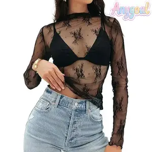 Anygoal Women's Floral Lace Sheer Mesh Long Sleeve Top, Sexy Y2k Mock Neck See Through Shirt Blouses, Elegant Floral Embroidered Semi-Sheer Shirt, Lightweight Breathable Mesh Top for Casual Outfits, Date Nights and Festival Wear,summervibes street style,s