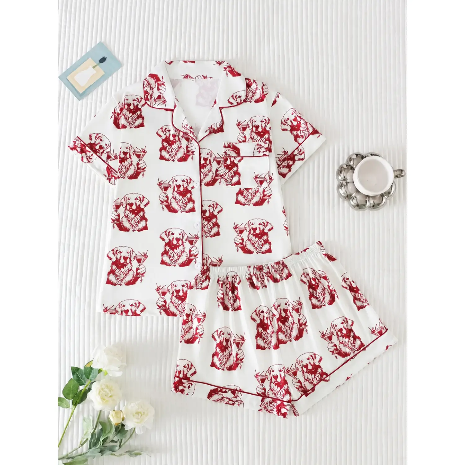 Women's Premium Satin Golden Retriever Print Pajama Set - Lightweight, Breathable, All-Seasons Nightwear with Button-Down Design, Comfortable Relaxed Fit Loungewear Pyjamas, Easy Care