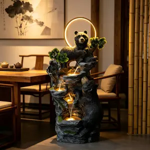 39.3 Inch Black Bear Outdoor Water Fountain with LED Light Ring, Cascading Tiered Resin Water Feature for Garden, Patio, Backyard, Yard and Indoor Home Decor, Weather-Resistant Animal Statue Fountain