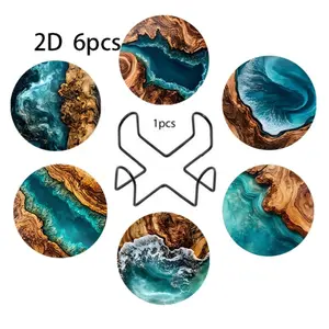 6pcs Wooden Cup Holder Coasters Set with Stand, Beach Wave Design, Perfect for Garden Kitchen Living Room, Home Party Decor Gift