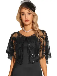 INSPIRE CHIC Retro Shawl Wraps Sequin Beaded Bridal Cover Up Evening Cape Flapper Bolero