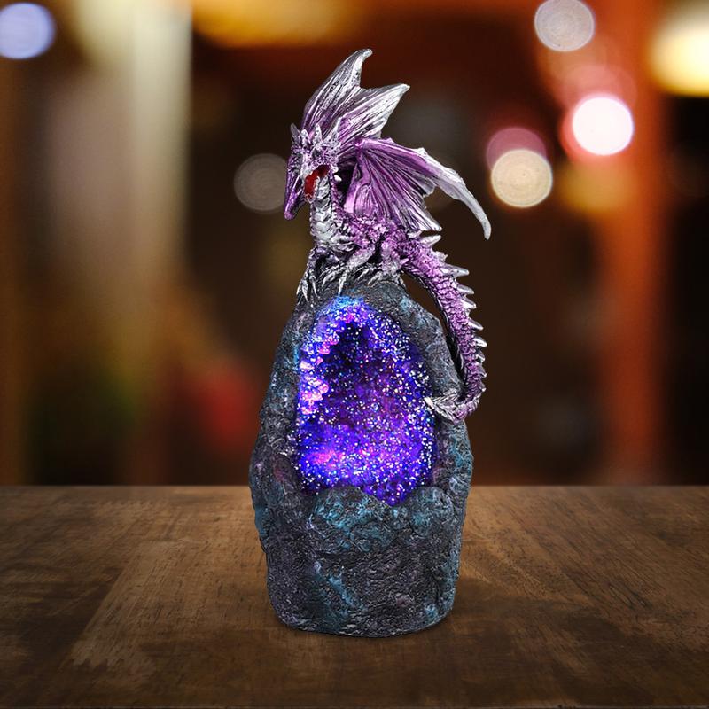 6.75"H Purple Dragon with LED Blue/Purple Faux Crystal Stone Statue Fantasy Decoration Figurine