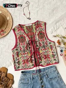 Women's Boho Embroidered V Neck Floral Vest, Vintage Ethnic Woven Waistcoat, Fitted Front Collar Top, Fall & Winter Fashion