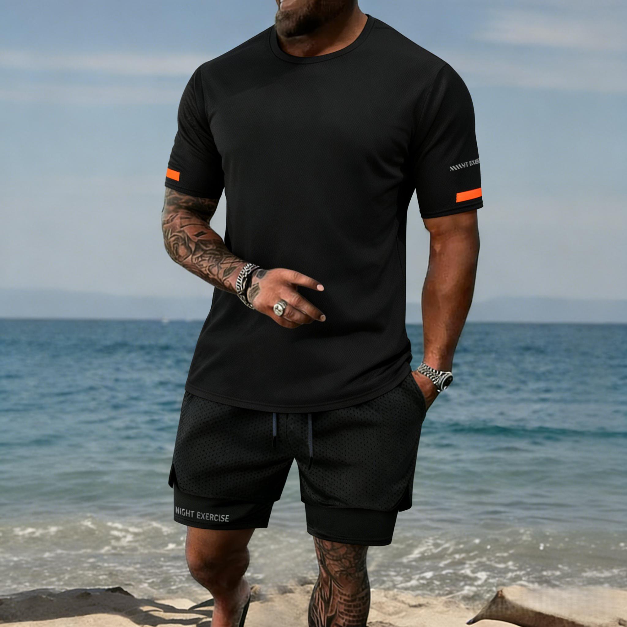Men’s T-shirt and shorts set, regular fit, quick-drying, breathable, sweat-wicking; stylish sports-casual short-sleeve top and shorts combo—summer men’s apparel set.