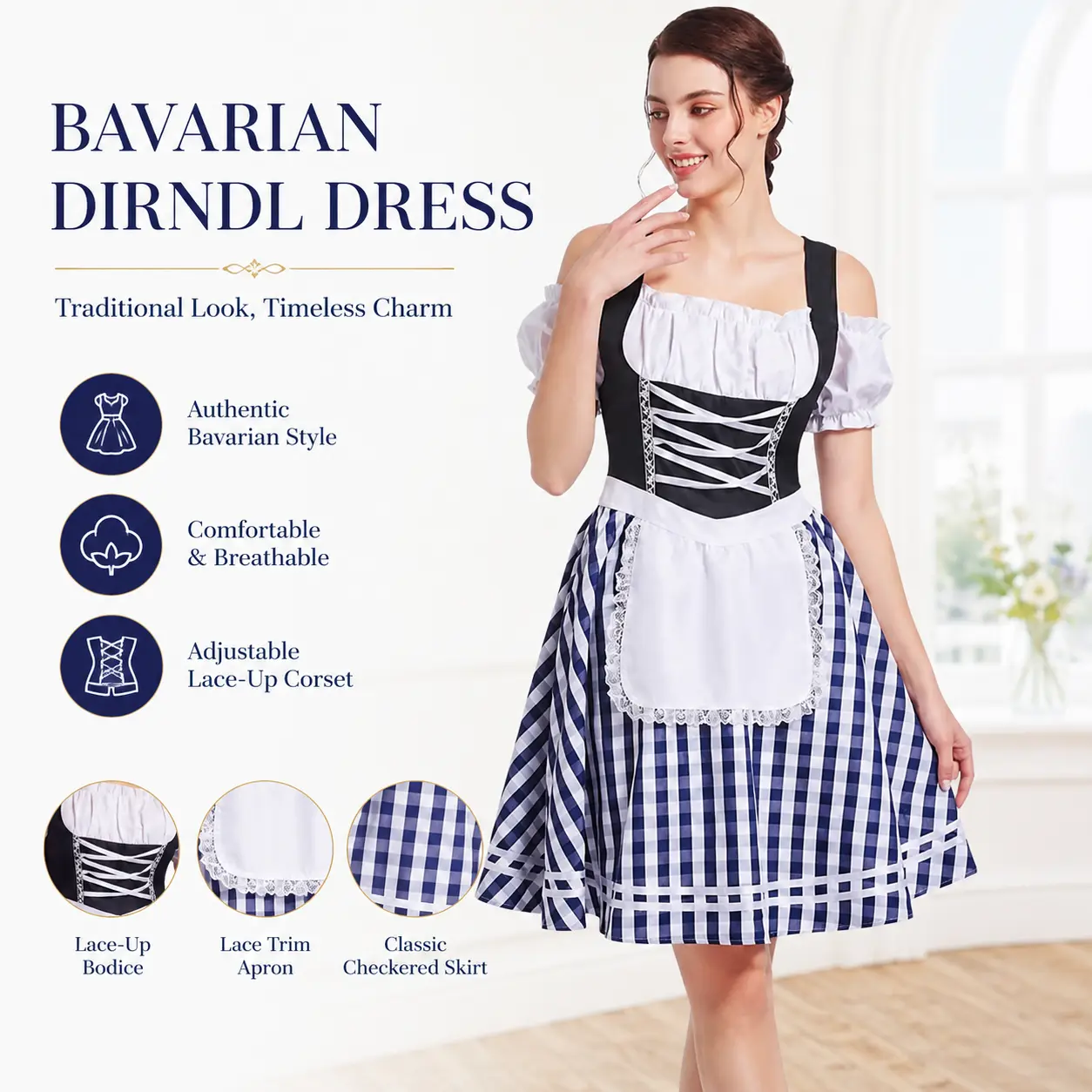 YF Women Oktoberfest Dirndl Costume, Off Shoulder Puff Sleeve Plaid Mini Dress, Bavarian Beer Festival Faux 3 Piece Outfit, Halloween Cosplay Carnival Party Maid Dress, Gift for Her Girlfriend Wife Multi Plaid Colors Birthday