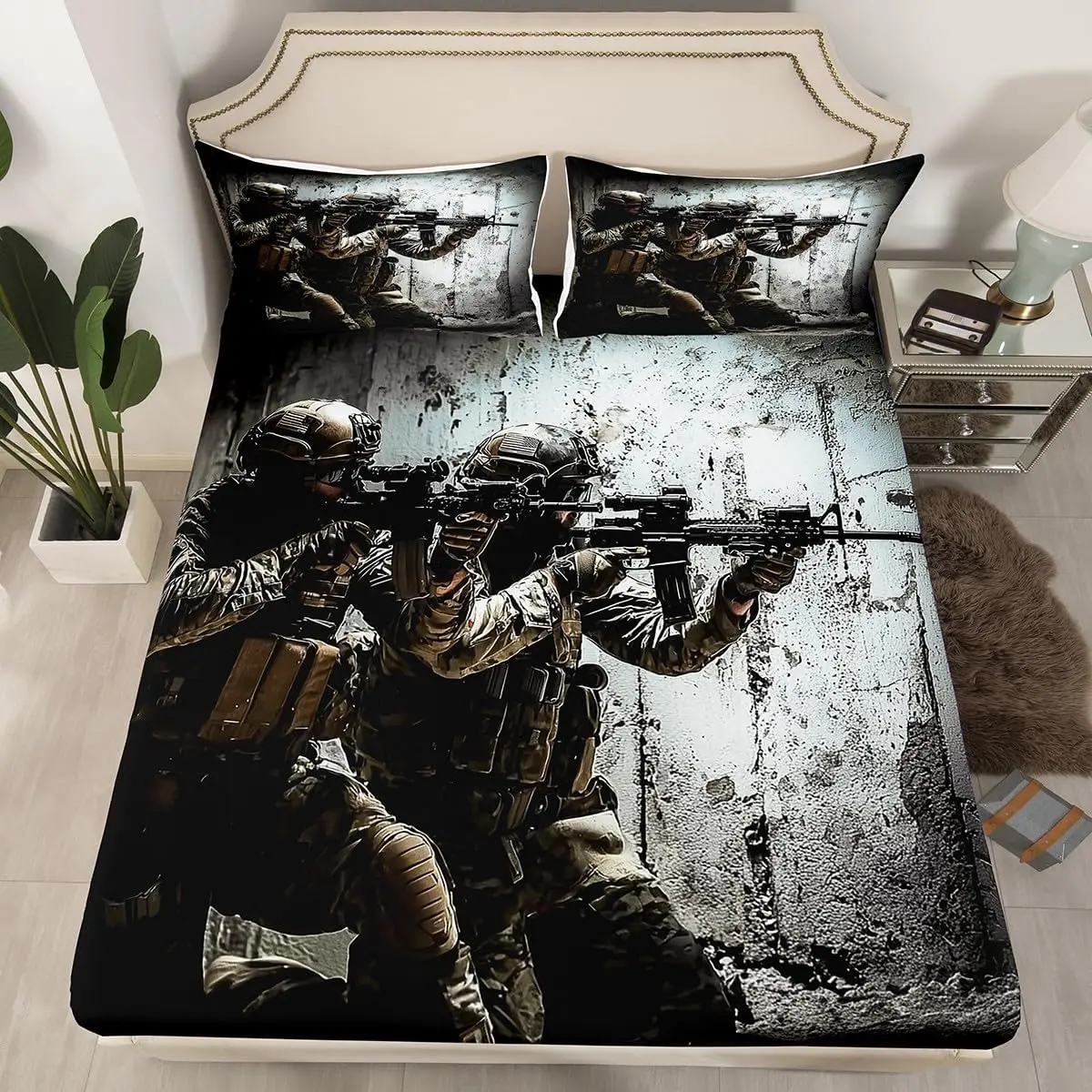 American Soldier Fitted Sheet,Under Mission Sheet Set,Rifle Machine Gun Bedding Set,Army Military Camo Fitted Bed Sheets Camouflage Bedroom Decor for Youth Man No Top Flat Sheet