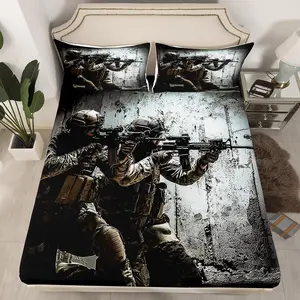 American Soldier Fitted Sheet,Under Mission Sheet Set,Rifle Machine Gun Bedding Set,Army Military Camo Fitted Bed Sheets Camouflage Bedroom Decor for Youth Man No Top Flat Sheet