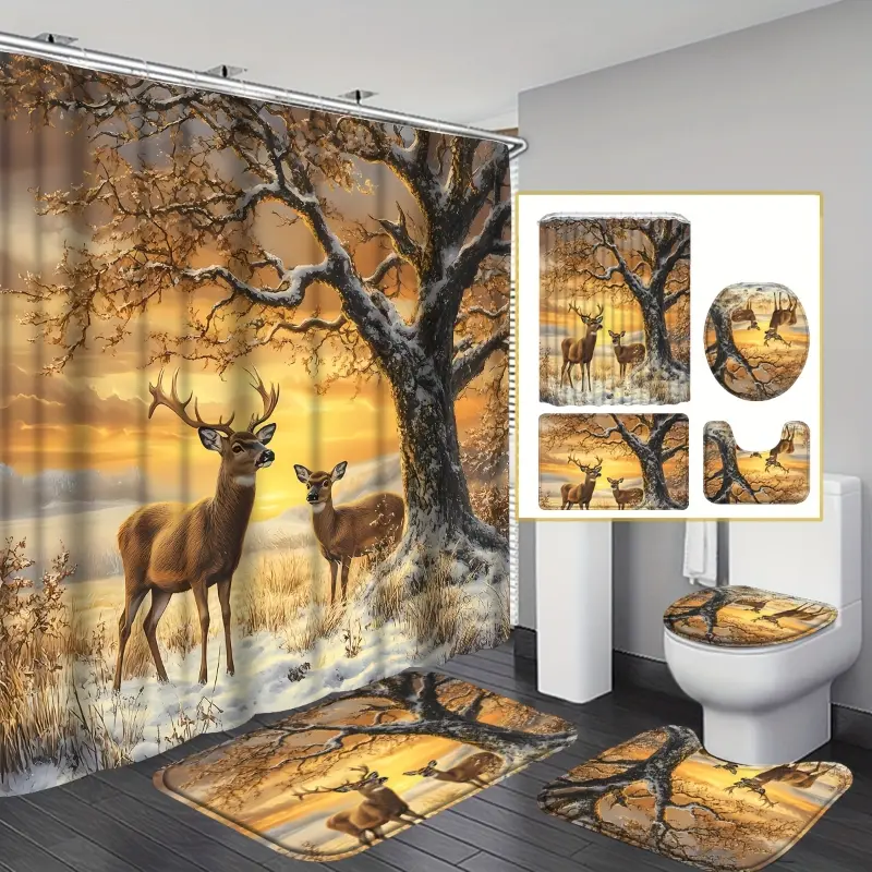 Animal Themed Woven Fabric Shower Curtain Set (4pcs) - Print, Unlined, Waterproof, Washable Decorative Curtain with 12 Hooks, Non-Slip Bath Rug, U-Shape Toilet Mat, Toilet Lid Cover Pad for Modern Homes