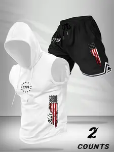 Men's Hooded Sleeveless Vest Top & Drawstring Basketball Shorts Set, Unique Flag Print, Casual Summer Modern Sportswear for Sports & Outdoor Activities, Athleisure Street Fit