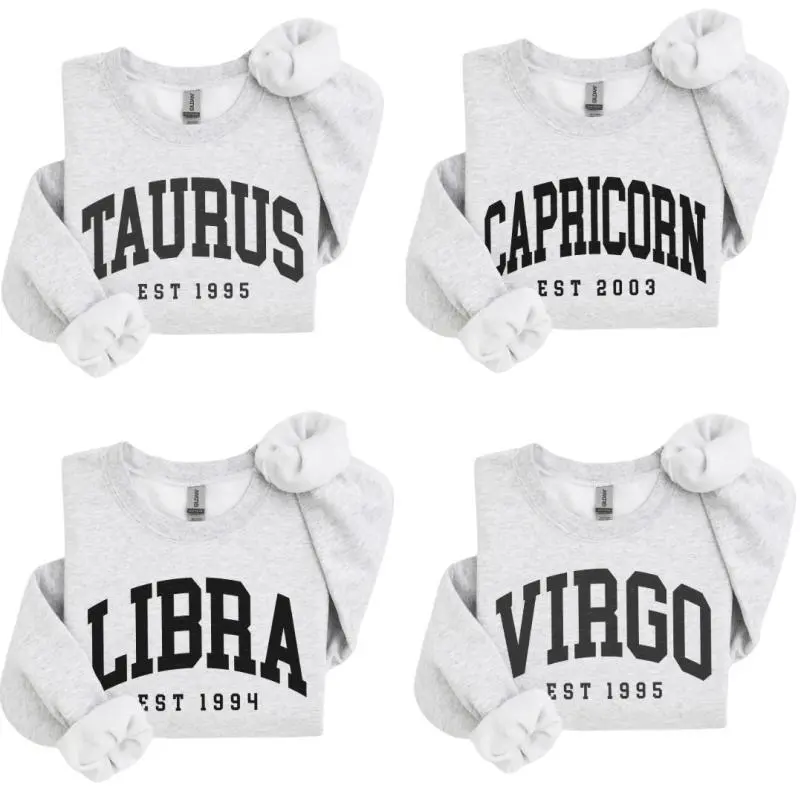 (LEAVE A NOTE) Custom Zodiac Sweatshirt with Est Year, Cute Horoscope Astrology Graphic Sweatshirt, Unisex Crewneck Sweatshirt, Personalized Zodiac Energy Gift for Birthday, Star Sign Lovers, Celestial Sweatshirt - AG