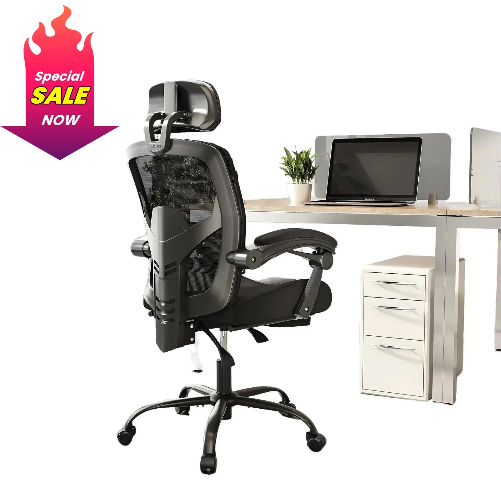 FurniChic Haven - Ergonomic Chair with Foot Rest, Mesh Computer Desk Chair Video Game Chair with Lumbar Support, Headrest, Padded Arms