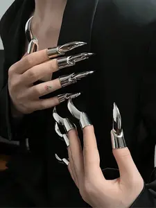 Creative Stainless Steel Wolf Claw Nail Ring Set, Punk Style Ring, Party Wear Armor Accessories, Holiday Photo Prop, Unique Finger Tip Protection