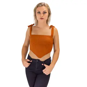 Chocolate Pointed Hem Tie Strap Bonded Satin Corset Top