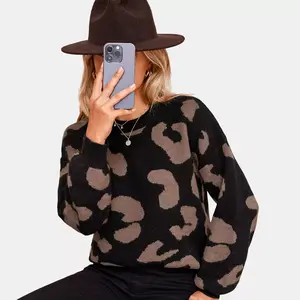 Women's Leopard Print Drop Sleeve Sweater - Cupshe-XL-Black