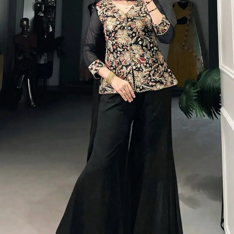 Black Size L/40 Sharara with Kurta in Georgette Sequin Embroidery Bollywood Style Women's Fashionable Ensemble Georgette Fabric Sequins Thread Embroidery Top Bottom Dupatta