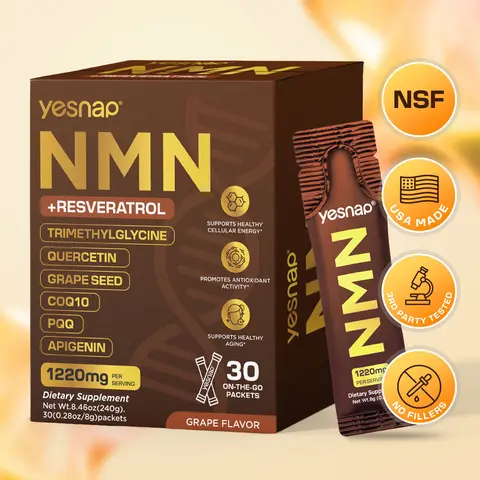 YESNAP 8-in-1 Multi-Nutrient Dietary NAD+ Supplement (1220mg NMN + Resveratrol) with TMG, Quercetin, CoQ10, PQQ, Grape Seed, Apigenin | Antioxidant Support, Cellular Boost | 30 On-The-Go Packets