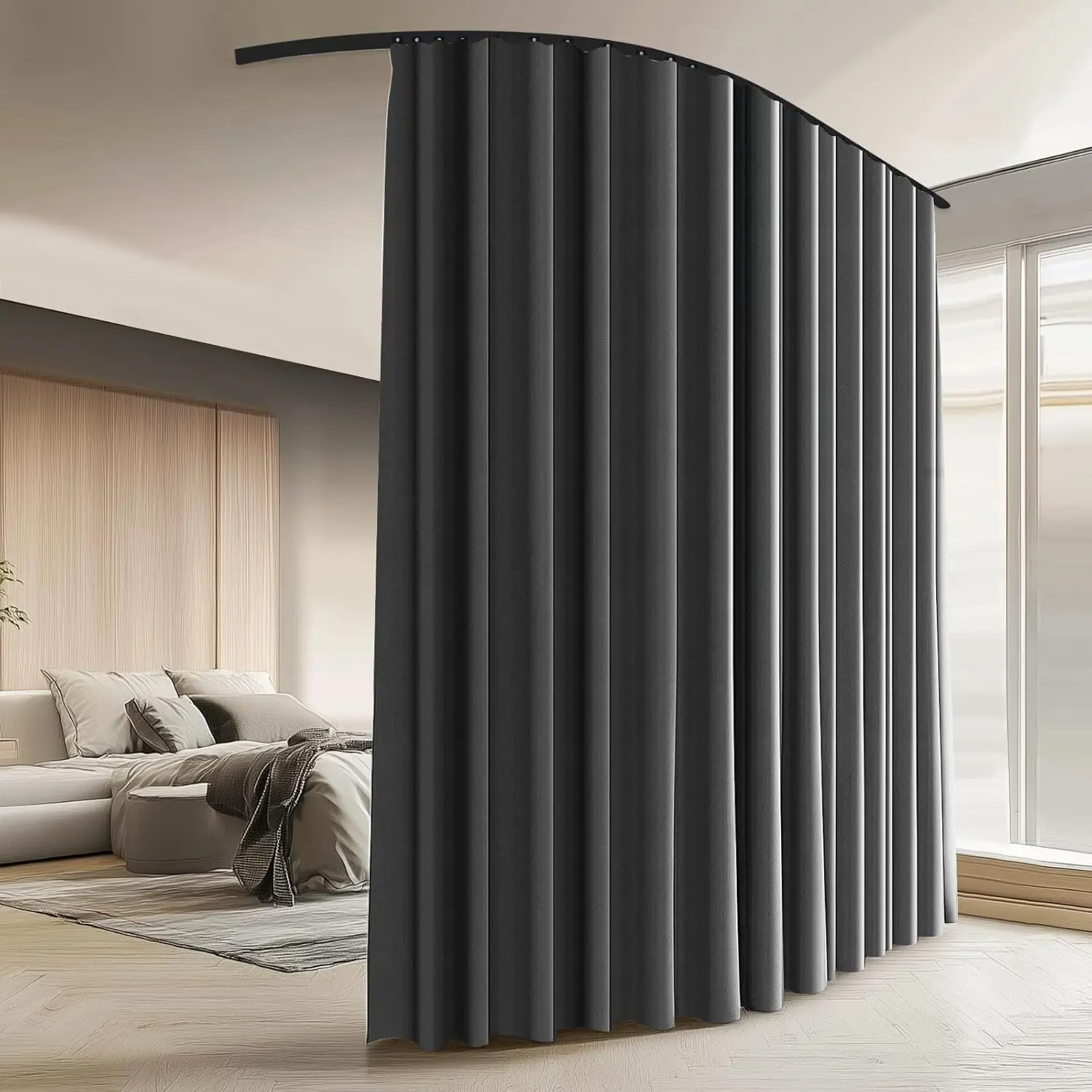 Room Divider Curtains with Ceiling Curtain Track Set Window Curtain for Bedroom,Living Room Total Blackout Thermal Insulated Privacy Ceiling Track Curtain W 15 × H 9 FT Deak-Grey drape&Black track