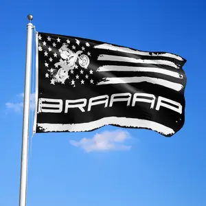Braaap American flag motocross bikes, available in 2x3ft (60x90cm) and 3x5ft (90x150cm) sizes, with 2 metal eyelets, single-sided printing, suitable for home, garden, room, party, event and decoration.