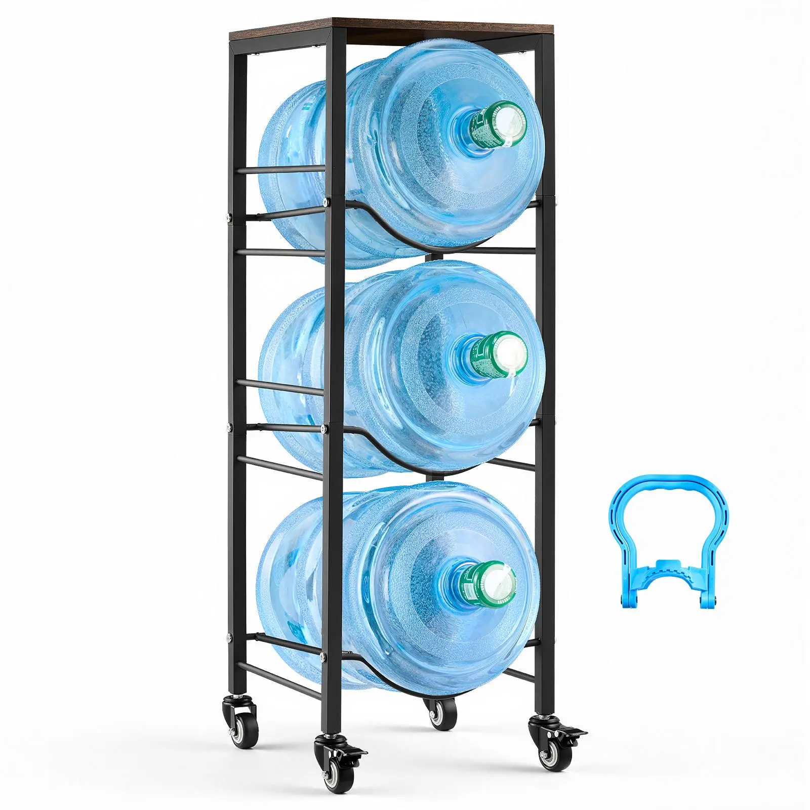 【BackToSchool】VEVOR Water Jug Holder, 4 Tiers 3 and 5 Gallon Water Bottle Holder for 3 Bottles, Heavy Duty Jug Rack Organizer with Storage Shelf and Casters, for Kitchen, Office, Living Room, Black and Brown