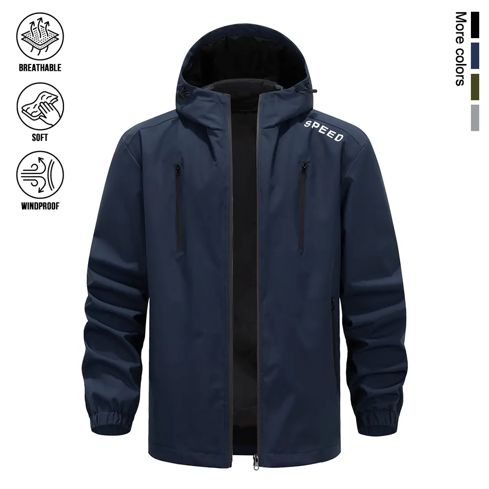 Multi-Occasion Men Hooded Windbreaker, practical vertical zipper pocket layout, easy-care lightweight solid fabric, clean understated aesthetic for daily walks, mountain trekking and transitional outer layering