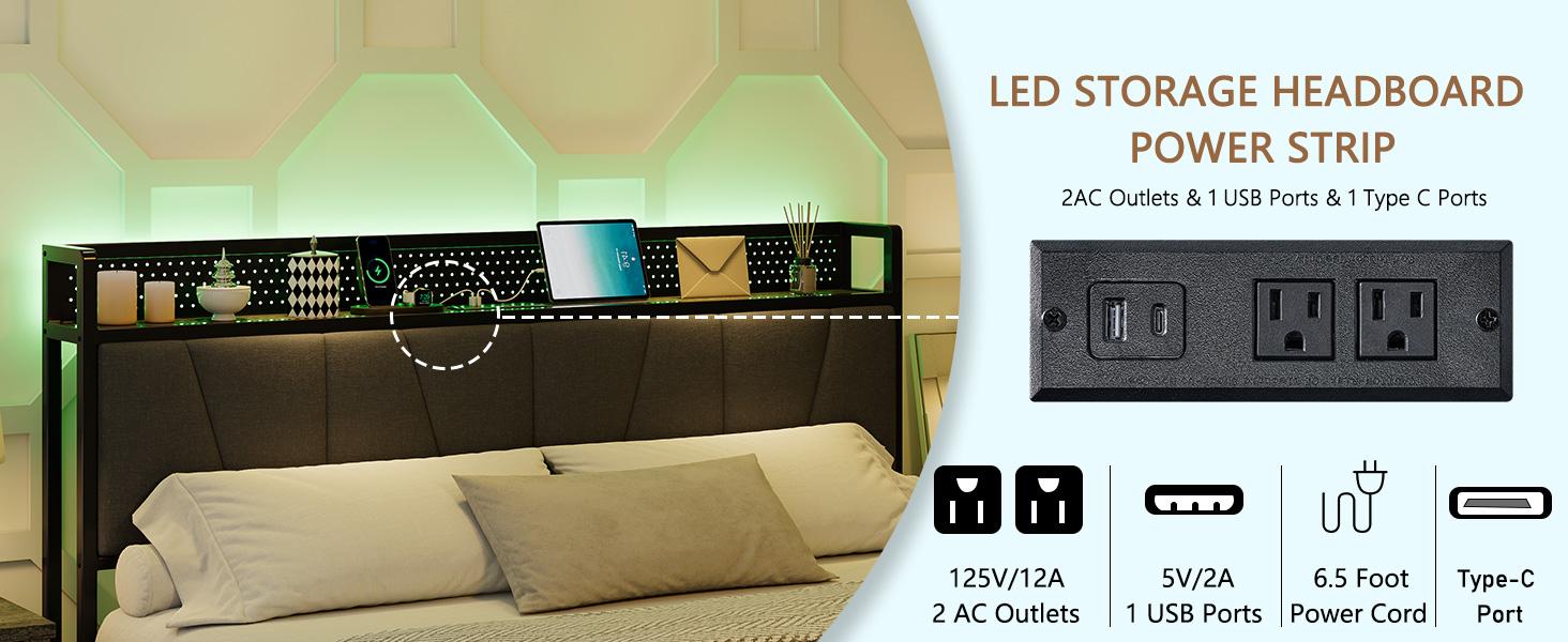 AMERLIFE 3 Pieces Farmhouse Bedroom Set, Includes Full/Queen/King Size Lift Up Storage Bed Frame with LED Lights and Linen Upholstered Headboard, Nightstand Set of 2 with Charging Station