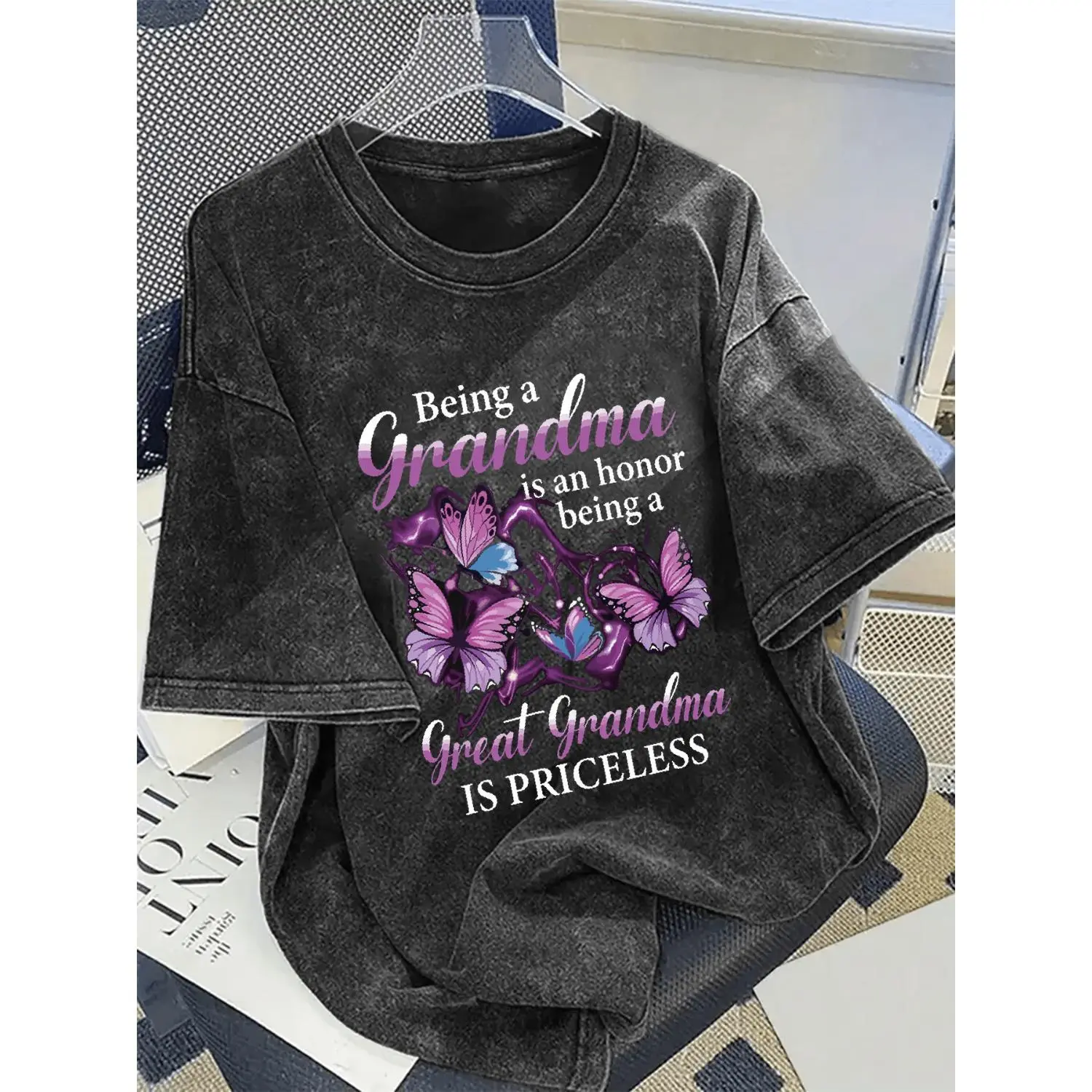 Being A Grandma Is An Honor Being A Great Grandma Is Priceless Butterfly Design Women Heavyweight Vintage Washed Cotton T Shirt Trendy Soft Comfortable Loose Fit Casual Top For Daily Outings Sports Parties And Holiday Celebrations