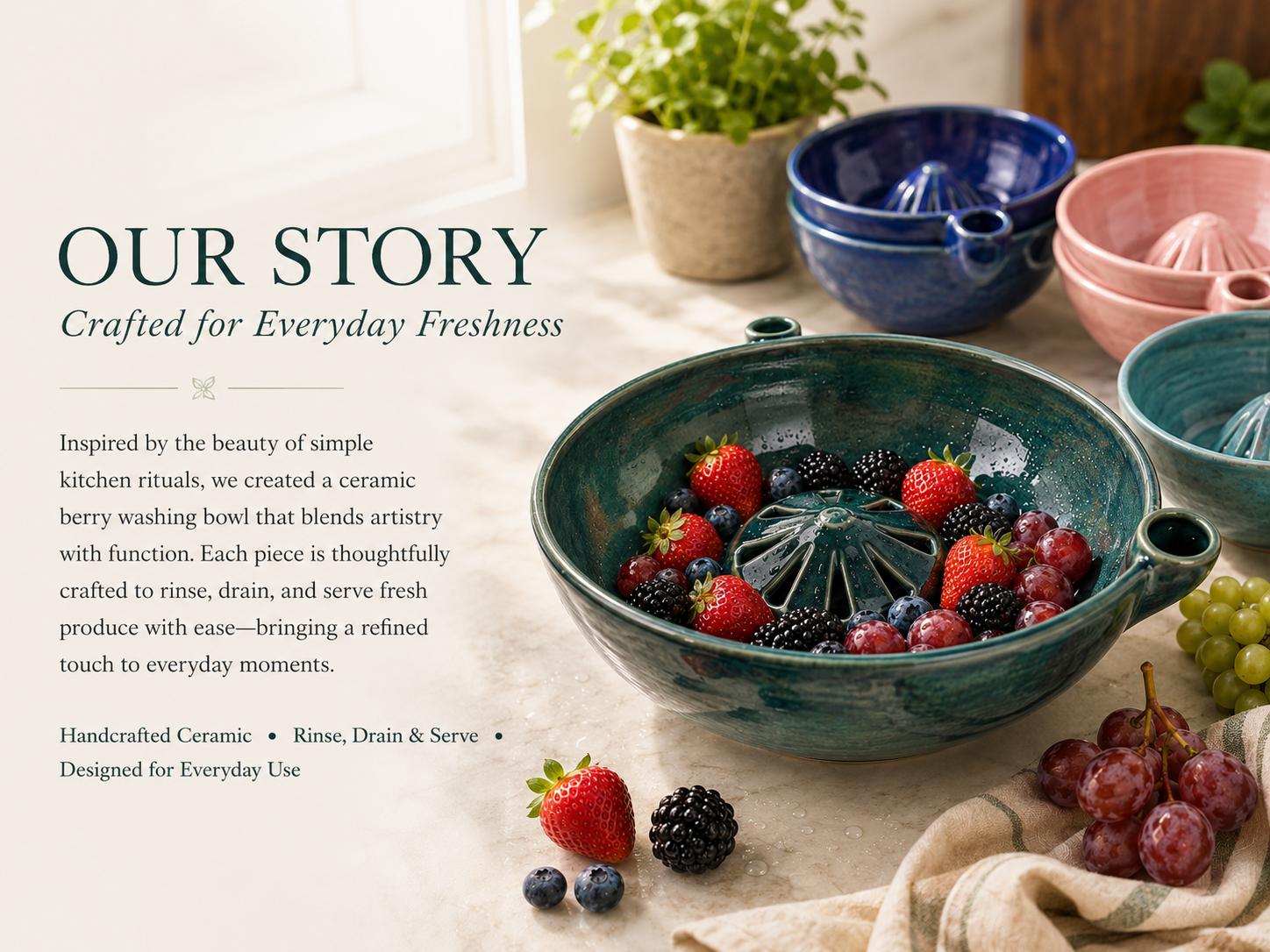 wowsome Self-Spinning Berry Washing Bowl,Glazed Ceramic Berry Bowl with Raised Center and Drainage Holes,Fruit Rinse Colander for Strawberries,Blueberries,Grapes,Cherry Tomatoes and Small Produce