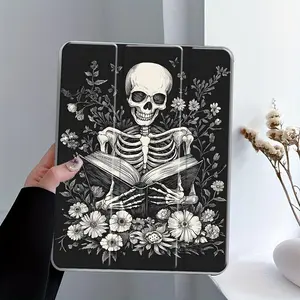 Vintage Gothic Floral Skull Reading Stand Tablet Case with Transparent Acrylic Back, Fits iPad 10.2inch 2019-2021, Mini, Pro, Air, Ultra-Thin Protective Cover with Pencil Slot