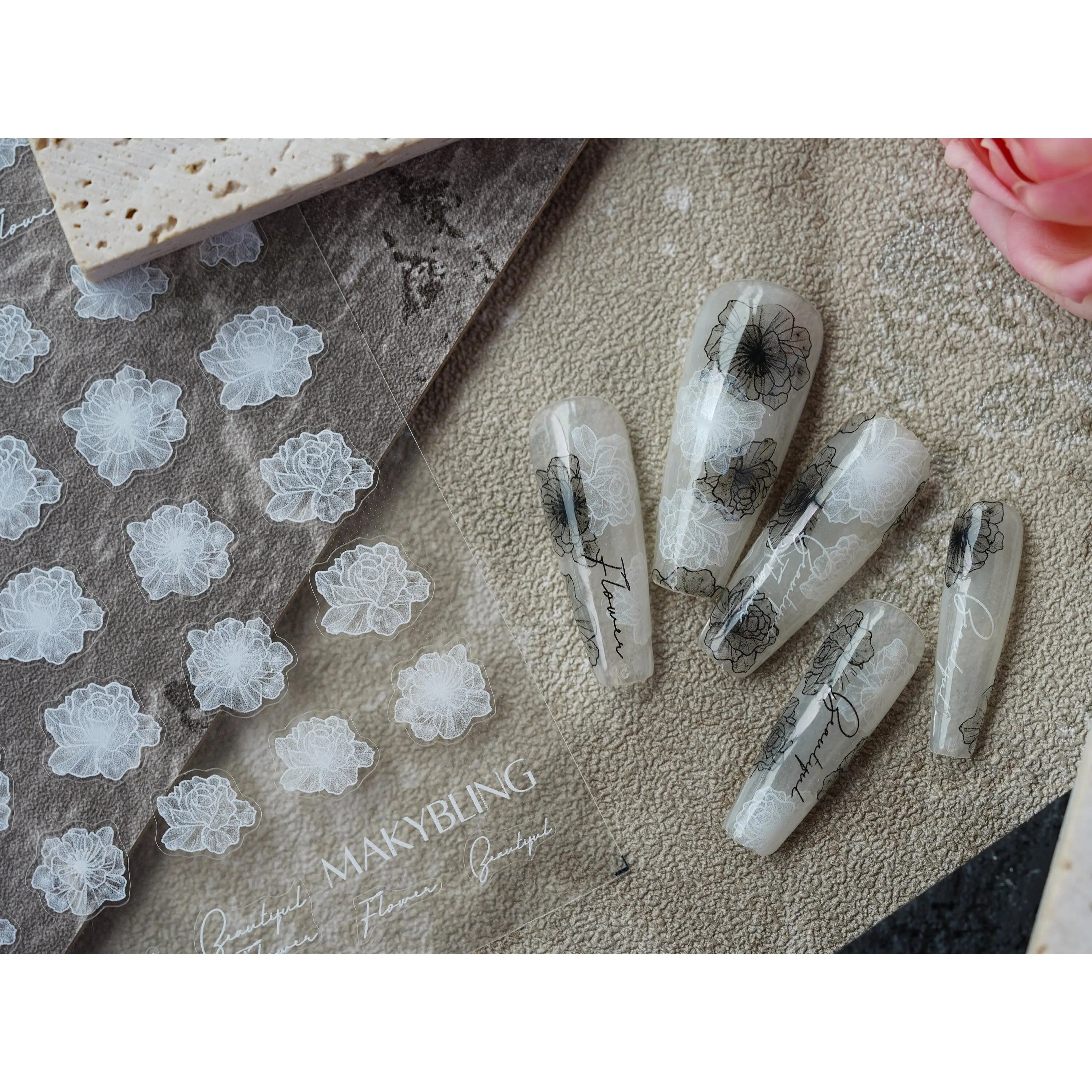 Peony Hydrangea Floral Nails Transparent Lace Flower Nail Stickers
