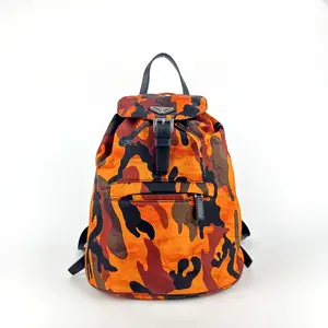Pre-owned PRADA Nylonr Backpacks Rucksack Series Parachute Fabric and Leather Backpack in Orange Red Camo Print,Sku:SH004