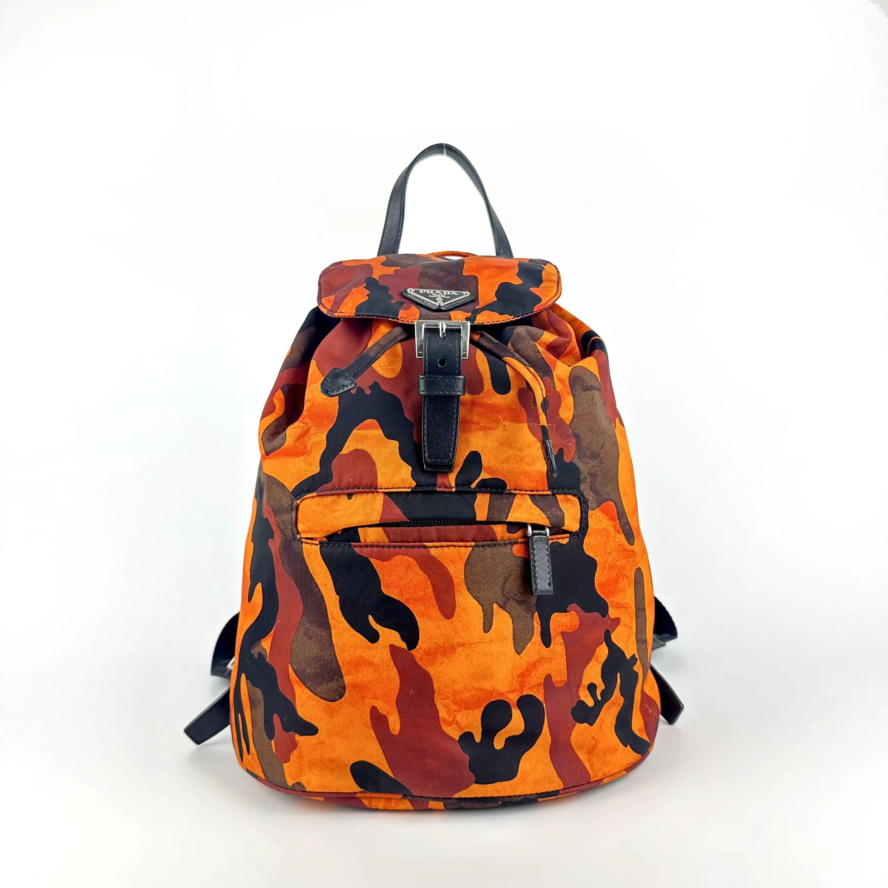 Pre-owned PRADA Nylonr Backpacks Rucksack Series Parachute Fabric and Leather Backpack in Orange Red Camo Print,Sku:SH004