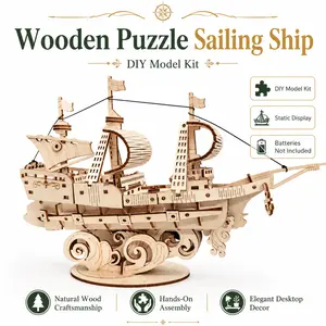 Vintage Wooden Sailing Ship Puzzle Kit, Self-Assembly Nautical Model Craft, Static Desktop Display Decor, Batteries Not Included