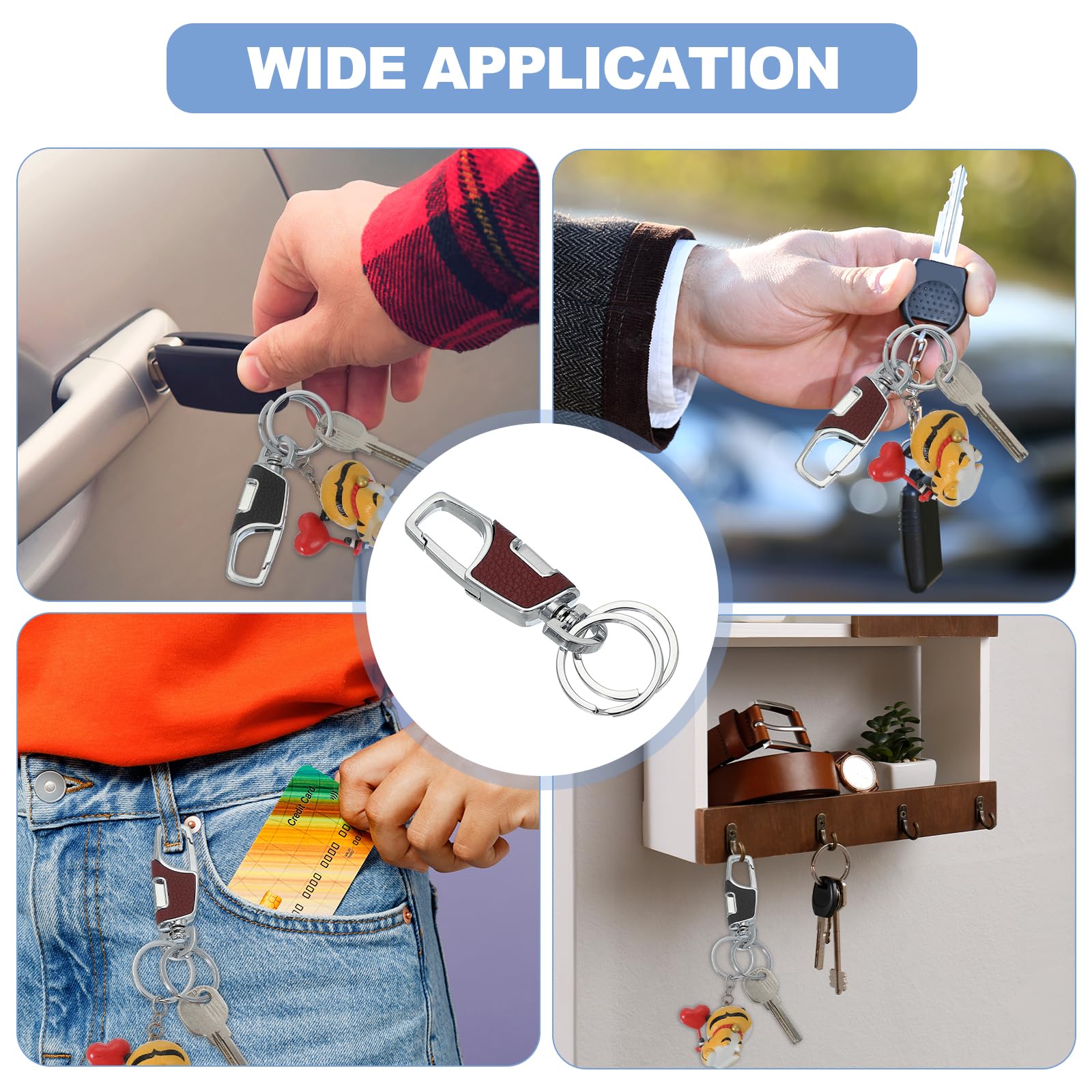 3-Pcs Metal Construction Keychain with Detachable Key Rings Stainless Steel Keychain for Car Keys Gift for Men Women Business Accessories Travel Essentials Heavy Duty PU Leather Keychain 3-Pack